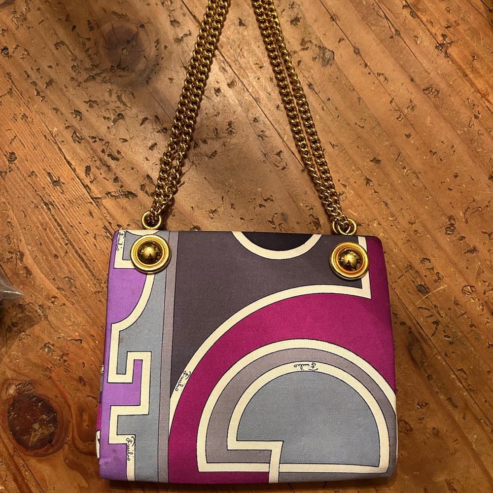 RARE!! PUCCI exquisite satin small purse with gold chain, vintage, 1 of a kind